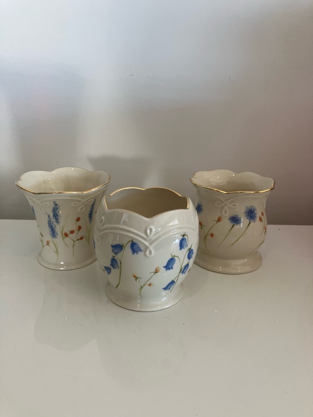 Set of Three Lenox Floral Ceramic Vases with Gold Rim